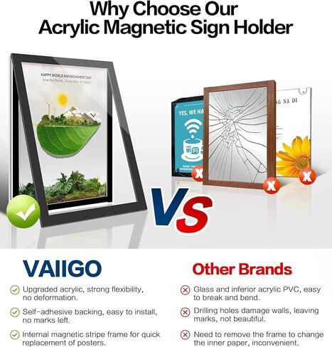 VAIIGO 8.5" x 11" Acrylic Magnetic Sign Holder Wall Mount, Self Adhesive Magnetic Display Frame with Nano Tape and Strong Magnetic Border for Wall, Door, Glass, Home, Store, Office (Black, 3Pack) in Kuwait