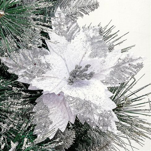 GreenHouzz 6 Pcs Large Christmas Poinsettia Picks Christmas Tree Glitter Flowers Decorations Ornaments for Christmas Tree Wreath (Red and White), 10.6 in /6pcs, PR4000 in Kuwait