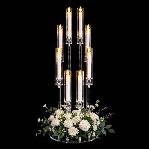 VINCIGANT 8 Arms Clear Candlesticks Holder for Christmas Decorations,38.5 inches Tall Arcylic Candelabra Candle Holder with Shade for Events Party Wedding Table Centerpiece,Fit LED Candles in Kuwait