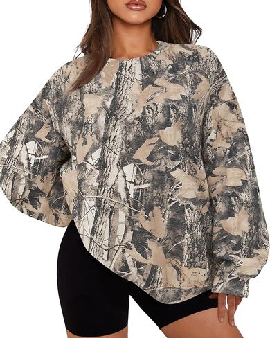 Eutten Womens Camo Sweatshirt Maple Leaf Print Oversized Camo Crewneck Sweatshirt Fleece Pullover Hoodies Long Sleeve in Kuwait