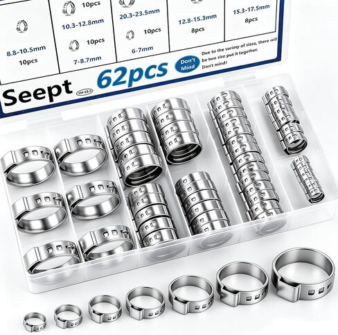 Seept 62 قطعة 7 مقاسات 304 مشابك خرطوم أذن واحدة من الفولاذ المقاوم للصدأ 6-23.5 مم مجموعة متنوعة من مشابك خرطوم تجعيد مثالية للسيارات/الأجهزة المنزلية/أنابيب المياه وخط الوقود مشبك خرطوم بدون خطوات in Kuwait