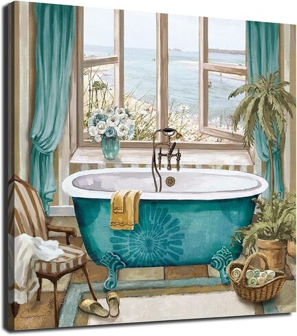 LAIART Bathroom Canvas Print Wall Art Decor Teal Bathtub Picture Sea ​​View from The Window Artwork in Kuwait