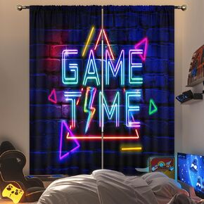 Kids Neon Gaming Curtains for Boys Bedroom 42Wx63H Inch Rod Pocket Gamer Video Game Time Cool Modern Geometric Rustic Brick Wall Child 2 Panel Window Treatment Set for Playroom Room Decor in Kuwait
