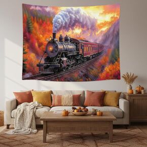 Cartoon Steam Train Tapestry,Train Driving on Railroad Track Tapestries Background,Green Hills Trees Blue Sky Clouds Wall Hanging for Kids Bedroom Dorm Living Room Decor,60x40In in Kuwait