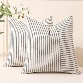 Hckot Farmhouse Pillow Covers 12x20, Lumbar Throw Pillow Covers Set of 2, Black Striped Patchwork Linen Decorative Pillows Cushion Covers for Couch Chair Bedroom Spring Decorations(Black) in Kuwait