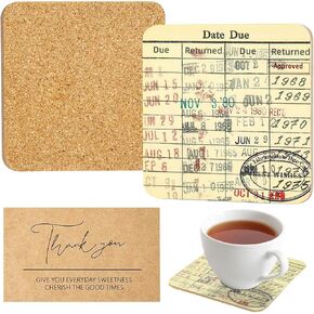 Vintage Library Due Date Card Coaster Set, 4pcs Library Card Coasters with Gift Card, Creative Drink Coffee Mug Coaster Literary Decor Library Gifts for Book Lovers Librarians Writers in Kuwait