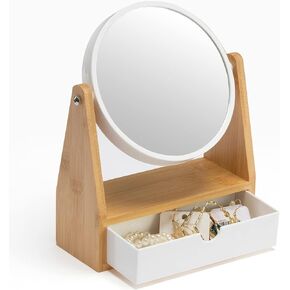 YEAKE Vanity Makeup Mirror with Storage, 1X/3X Double Sided Magnifying Mirror with Adjustable Natural Bamboo Stand,Portable Small Table Desk Countertop Mirror, Bathroom Shaving Mirror(Rectangular) in Kuwait