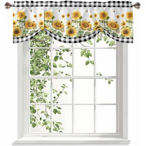 Black Sunflower Tie Up Valance Curtain for Kitchen Living Room Bedroom Bathroom Cafe, Rod Pocket Small Short Window Drape Panel Adjustable Drapary Print, Vintage Farm Bee Buffalo Plaid White 54"x18" in Kuwait