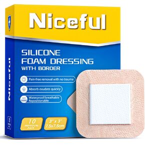 Niceful 10 Pcs Silicone Foam Dressing 3"x3" with Gentle Adhesive Border - Waterproof Silicone Bandages for Wound Care, FSA HSA Eligible in Kuwait