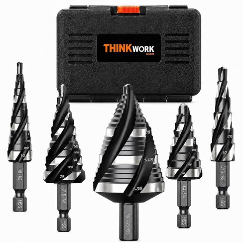 THINKWORK Four Spiral Flute Step Drill Bit Set, 5 Pcs HSS Step Drill Bits (1/8"-1-3/8") Unibit Step Drill Bit, 1/4" and 3/8" Shank Step Bits for Aluminum, Wood, Plastic, Metal in Kuwait