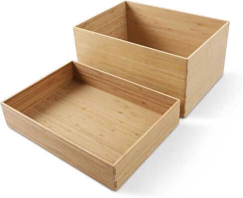 BAMOTTO Lidded Bamboo Storage Bins & Box/Cube/Basket, Home Kitchen and Office Storage Boxes with Handles & Stackable for Organizer Tableware, Crafts, Office Shelf Books, Large, 14.6"x10.2"x9.6" in Kuwait