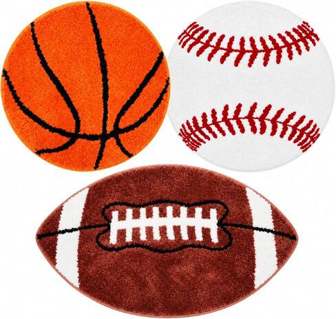 Tinideya 3 Pcs Round Sports Bathroom Rug Non Slip Basketball Bathroom Mat Decorative Football Rug Baseball Area Rug Indoor Carpet for Living Room Bedroom Floor Chair Rooms Decor in Kuwait