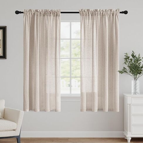 FantasDecor Ivory White Linen Sheer Curtains 96 inch Long for Bedroom Living Room Light Filtering Soft Thick Linen Textured Window Drapes Rod Pocket Burlap Look Farmhouse Decor, W52 x L96, Ivory in Kuwait