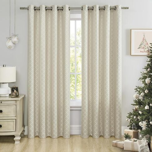 Geometric Trellis Jacquard Curtain Panel Diamond Pattern Grommet Top Light Filtering Window Drapes for Bedroom/Living Room, Beige, 50"x95", 2 Panels in Kuwait