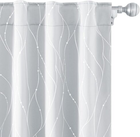 HOMEIDEAS Greyish White Blackout Curtains 52 X 63 Inch Length 2 Panels Silver Wave Line with Dots Printed Back Tab Room Darkening Curtains, Pocket Thermal Light Blocking Window Curtains for Bedroom in Kuwait