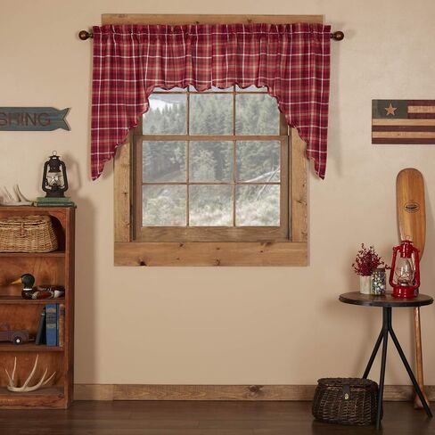 VHC Brands Rustic Red Plaid Swag Curtains – Braxton Scalloped Swags for Living Room & Bedroom in Kuwait