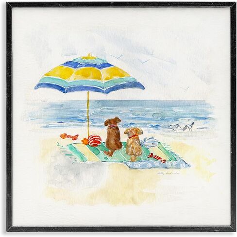 Stupell Industries Cute Playful Dogs Relaxing Beach Umbrella Shoreline Painting, Design by Sally Swatland in Kuwait