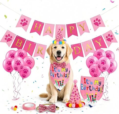 Dog Birthday Party Set,Dog Birthday Hat Bandana Scarf with Cute Dog Bow Tie, Banner, Balloons for Party Decorations, Pet Birthday Party Supplies(pink) in Kuwait