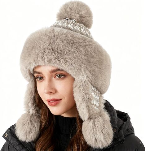 Ibluelover Women Faux Fur Trapper Hat Cossack Russian Ushanka Hat Winter Warm Ear Flaps Mongolian Hat Furry Pompom Hat in Kuwait