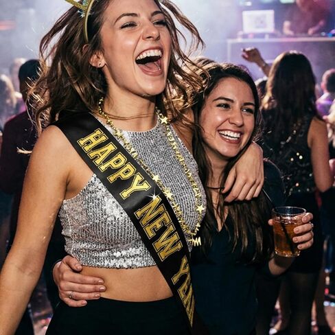 مجموعة عصابة رأس New Years - مجموعة من 2: وشاح رأس من الساتان باللون الذهبي المعدني Happy New Year باللون الأسود الفاخر وعصابة رأس Celebrate Me Bitches - قبعة ليلة رأس السنة الجديدة - SashHB(CMB HNY) Gld/Blk in Kuwait