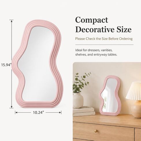 Asymmetrical Wall-Mounted Mirror, Creative Unique Decorative Mirrors, Funky Wavy Mirror 16.14"x9.84" Irregular Border Pink Mirror for Bathroom Living Room Decoration in Kuwait