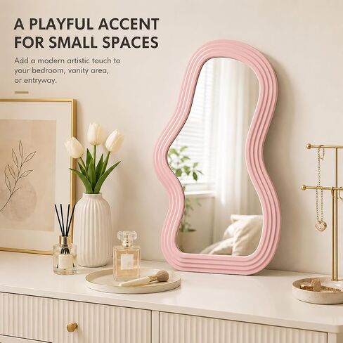 Asymmetrical Wall-Mounted Mirror, Creative Unique Decorative Mirrors, Funky Wavy Mirror 16.14"x9.84" Irregular Border Pink Mirror for Bathroom Living Room Decoration in Kuwait