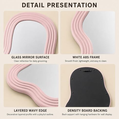 Asymmetrical Wall-Mounted Mirror, Creative Unique Decorative Mirrors, Funky Wavy Mirror 16.14"x9.84" Irregular Border Pink Mirror for Bathroom Living Room Decoration in Kuwait
