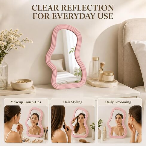 Asymmetrical Wall-Mounted Mirror, Creative Unique Decorative Mirrors, Funky Wavy Mirror 16.14"x9.84" Irregular Border Pink Mirror for Bathroom Living Room Decoration in Kuwait