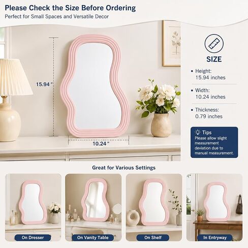 Asymmetrical Wall-Mounted Mirror, Creative Unique Decorative Mirrors, Funky Wavy Mirror 16.14"x9.84" Irregular Border Pink Mirror for Bathroom Living Room Decoration in Kuwait