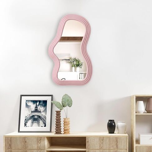 Asymmetrical Wall-Mounted Mirror, Creative Unique Decorative Mirrors, Funky Wavy Mirror 16.14"x9.84" Irregular Border Pink Mirror for Bathroom Living Room Decoration in Kuwait