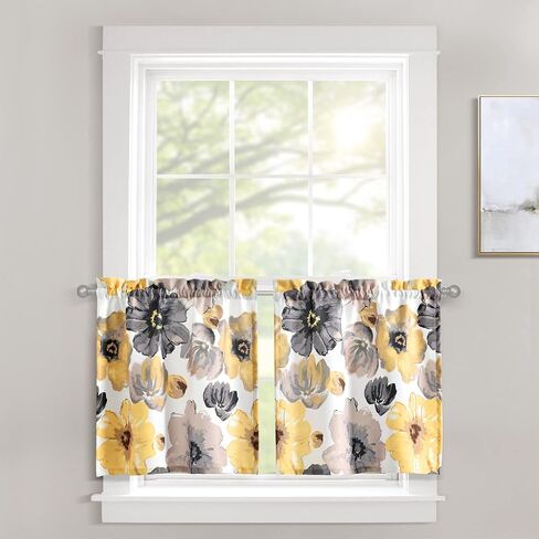 Lush Decor Leah Light Filtering Window Curtain Kitchen Tiers, Pair, 24" W x 29" L, Yellow & Gray - Large Blooming Flower Print in Kuwait