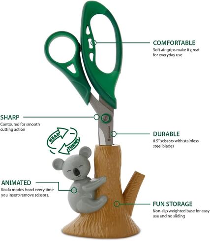 Amazeko Scissors with Animated Koala Holder, 8.5" Stainless Steel Blades, Comfortable Soft Air Grip Handles, Fun Animal Desk Decor with Non-Slip Weighted Tree Base in Kuwait