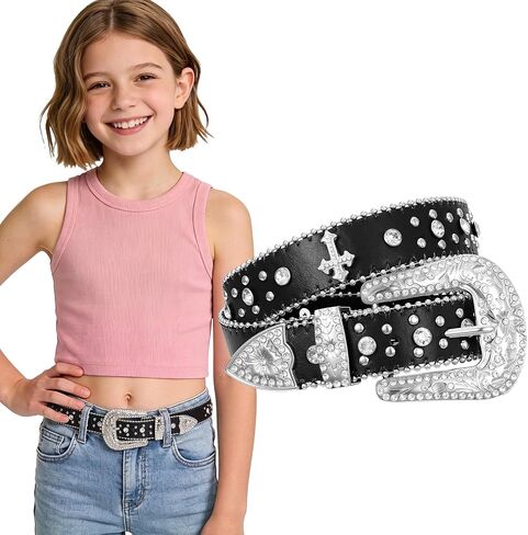 Kids Rhinestone Belt for Girls and Boys,Fashion Western Cowgirl Cowboy Bling Studded Design Leather Belt Diamond Belt in Kuwait