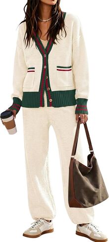 ETCYY NEW Women's 2 Piece Outfit Lounge Set Trendy Cardigan Sweater Pants Sets V Neck Button Pocket Knit Matching Loungewear in Kuwait