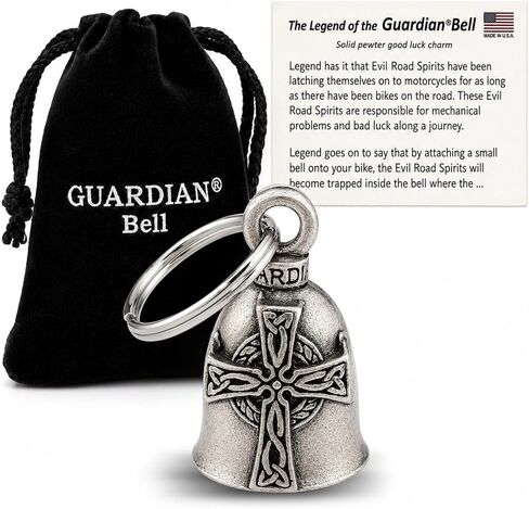 Guardian Bell Celtic Cross Guardian Bell Good Luck Bell w/Keyring & Black Velvet Gift Bag | Motorcycle Bell | Lead-Free Pewter | Good Luck Gift to Friends & Family | Bike Bell | Made in USA in Kuwait