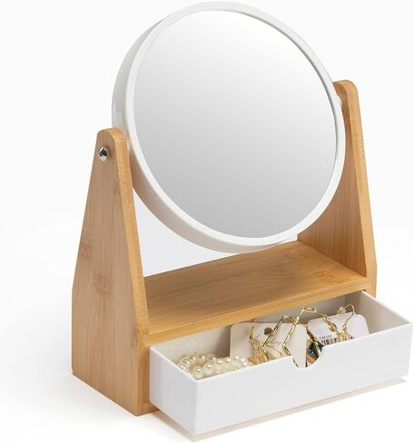 YEAKE Vanity Makeup Mirror with Storage, 1X/3X Double Sided Magnifying Mirror with Adjustable Natural Bamboo Stand,Portable Small Table Desk Countertop Mirror, Bathroom Shaving Mirror(Rectangular) in Kuwait