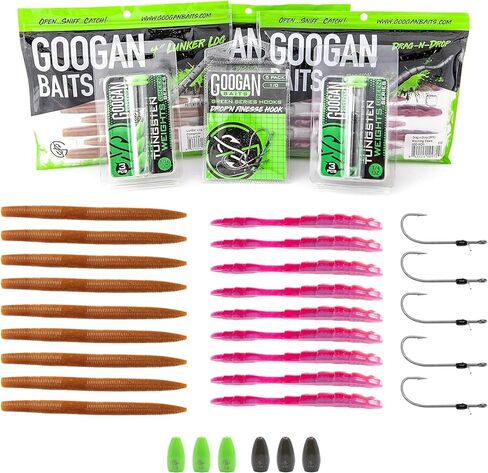 Googan Baits Texas Rig Bundle - Complete Bass Fishing Gear with Soft Plastic Lures, Hooks, Weights, and Fishing Accessories - Ideal for Fishing Tackle Box in Kuwait