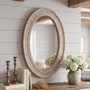 sawsile 24x30'' Rustic Oval Wood Mirror,Decorative Farmhouse Oval Mirrors,Vanity Nature Mirrors for Bedroom, Bathroom, Living Room,or Entryway in Kuwait