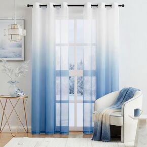 Blue Ombre Chiffon Sheer Curtains 84 Inch Long for Living Room Bedroom Decor, Crinkle Gradient Semi Voile Rod Pocket Window Curtain Drapes for Boys Room, Garden, Yard, Set of 2 Panels in Kuwait
