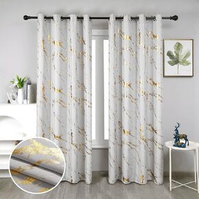 Taisier Home Gold Foil Print Linen Textured Curtains - Geometric Marble Pattern Design for Living Room - Light Filtering Window Treatment, 2 Panels, 72" L, White and Gold in Kuwait