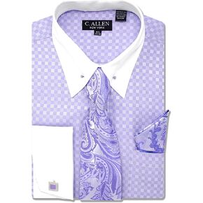 Men's Checkerd Pattern Regular Fit French Cuffs Long Sleeve Dress Shirts with Tie Hanky Cufflinks Collar Bar Combo in Kuwait