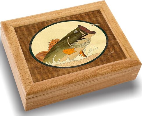 Wood Art Bass Box - Handmade in USA - Unmatched Quality - Unique, No Two are the Same - Original Work of Wood Art. A Bass Gift, Ring, Trinket or Wood Jewelry Box (#2105 Bass and Dragonfly 6x8x2) in Kuwait
