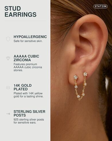 PAVOI 14K Gold Plated Delicate CZ Chain Earrings for Women | Double Piercing Dangle Chain Studs Earrings | Cubic Zirconia Earscapes Earrings in Kuwait