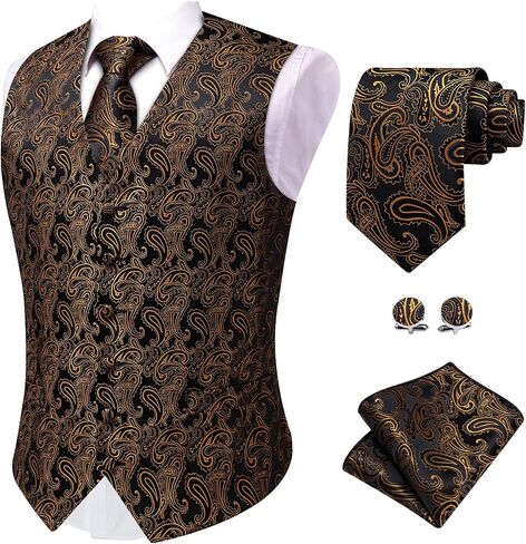 Mens Suit Vest 4PC Silk Paisley Vest with Necktie Pocket Square Cufflinks Formal Woven Waistcoat for Suit Tuxedo in Kuwait