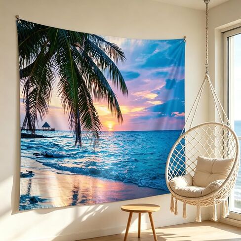 ايكوسامرو بساط حائط بتصميم شجرة نخيل لغرفة النوم والشاطئ وديكور شروق الشمس، مقاس 51 × 60 انش، ازرق in Kuwait