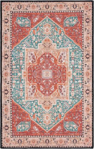 SAFAVIEH Tucson Collection Area Rug - 4' Square, Aqua & Rust, Traditional Persian Design, Non-Shedding Machine Washable & Slip Resistant Ideal for High Traffic Areas in Living Room, Bedroom (TSN150J) in Kuwait