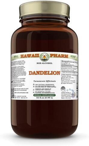 Hawaii Pharm Dandelion Alcohol-Free Liquid Extract, Organic Dandelion (Taraxacum Officinale) Dried Leaf Glycerite Natural Herbal Supplement 2 oz in Kuwait