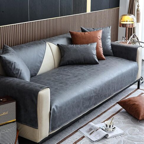 Faux Leather Waterproof Couch Sofa Cover Vintage PU Sectional Couch Cover Non Slip Sofa Slipcover Furniture Protector for Kids Dogs Cats (Cream,28"x59") in Kuwait