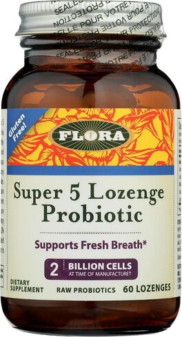Flora - Super 5 Lozenge Probiotic, Raspberry Flavored Oral Probiotic, Good for Bad Breath, Five Strains with 2 Billion CFU, Regain and Retain Gut Health, RAW, 60 Lozenges in Kuwait