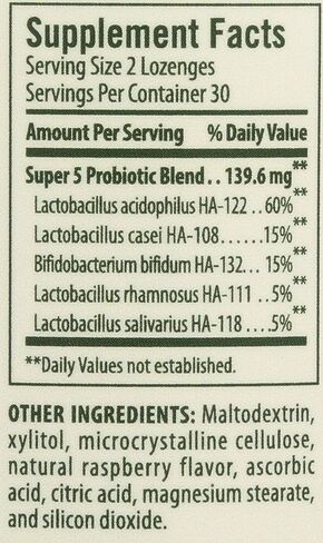 Flora - Super 5 Lozenge Probiotic, Raspberry Flavored Oral Probiotic, Good for Bad Breath, Five Strains with 2 Billion CFU, Regain and Retain Gut Health, RAW, 60 Lozenges in Kuwait